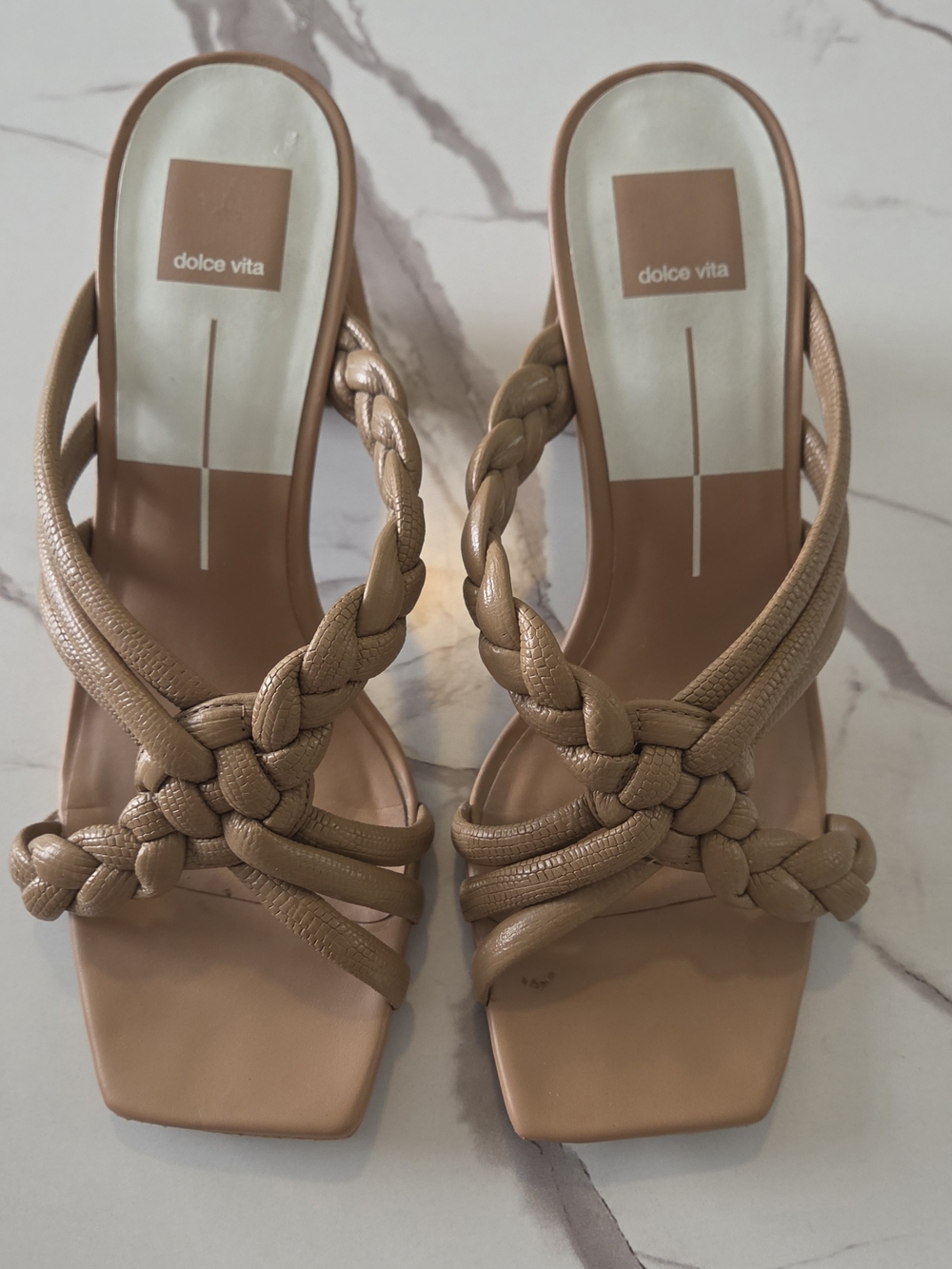 Dolce Vita Braided Strappy Slide Heels in Beige Tan